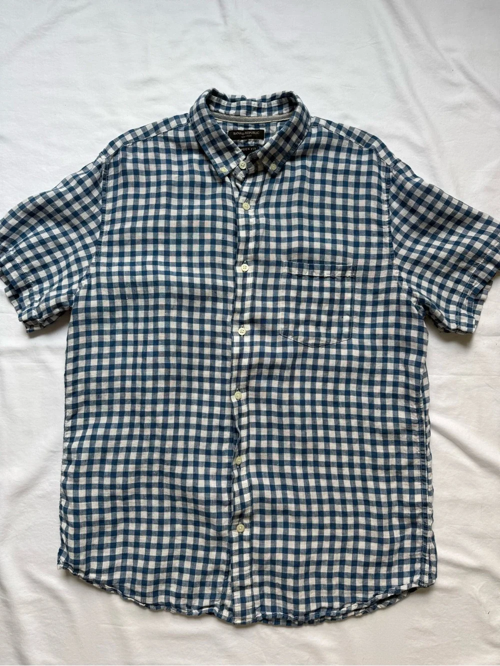 Banana Republic Linen Blue and White Gingham Short-Sleeve Button-Down Shirt